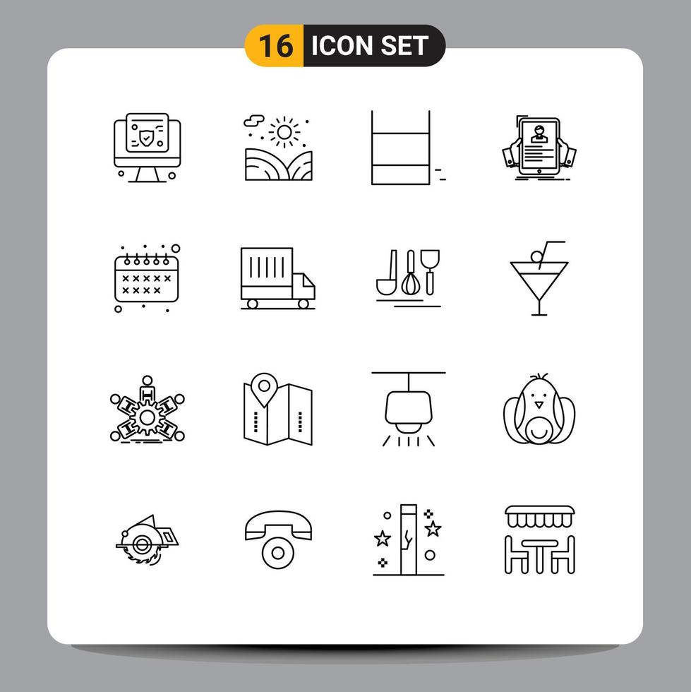 Pack of 16 Modern Outlines Signs and Symbols for Web Print Media such as back to school hr game hiring resume Editable Vector Design Elements