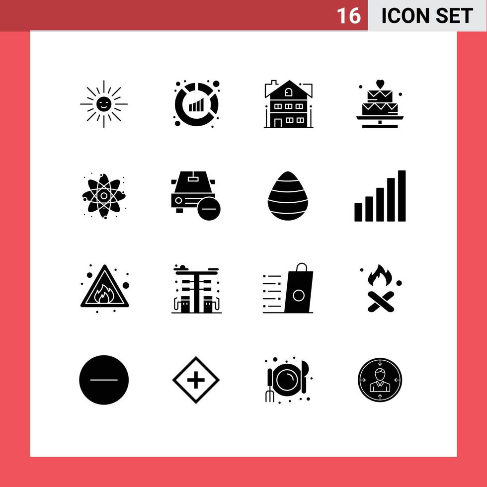 Pack of 16 creative Solid Glyphs of energy valentine house lover cake Editable Vector Design Elements