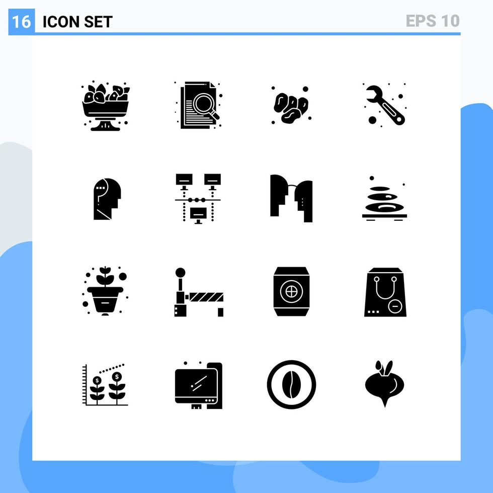 16 Thematic Vector Solid Glyphs and Editable Symbols of confuse mind confuse fruit wrench repair Editable Vector Design Elements