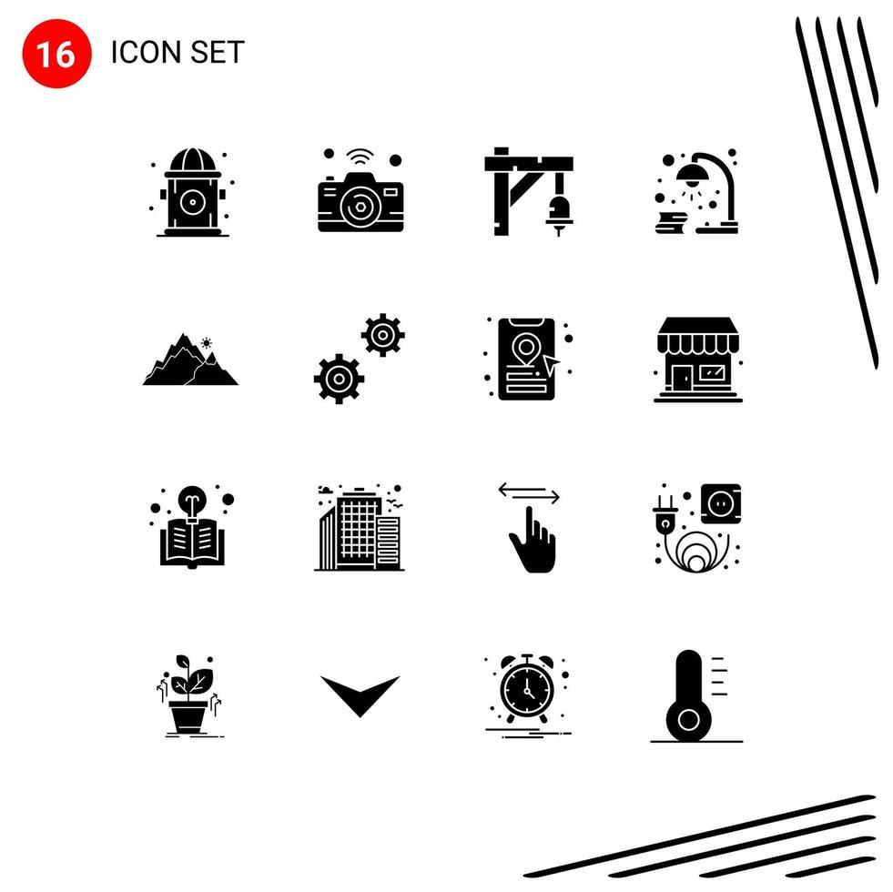 Solid Glyph Pack of 16 Universal Symbols of mountain revision bell light book Editable Vector Design Elements