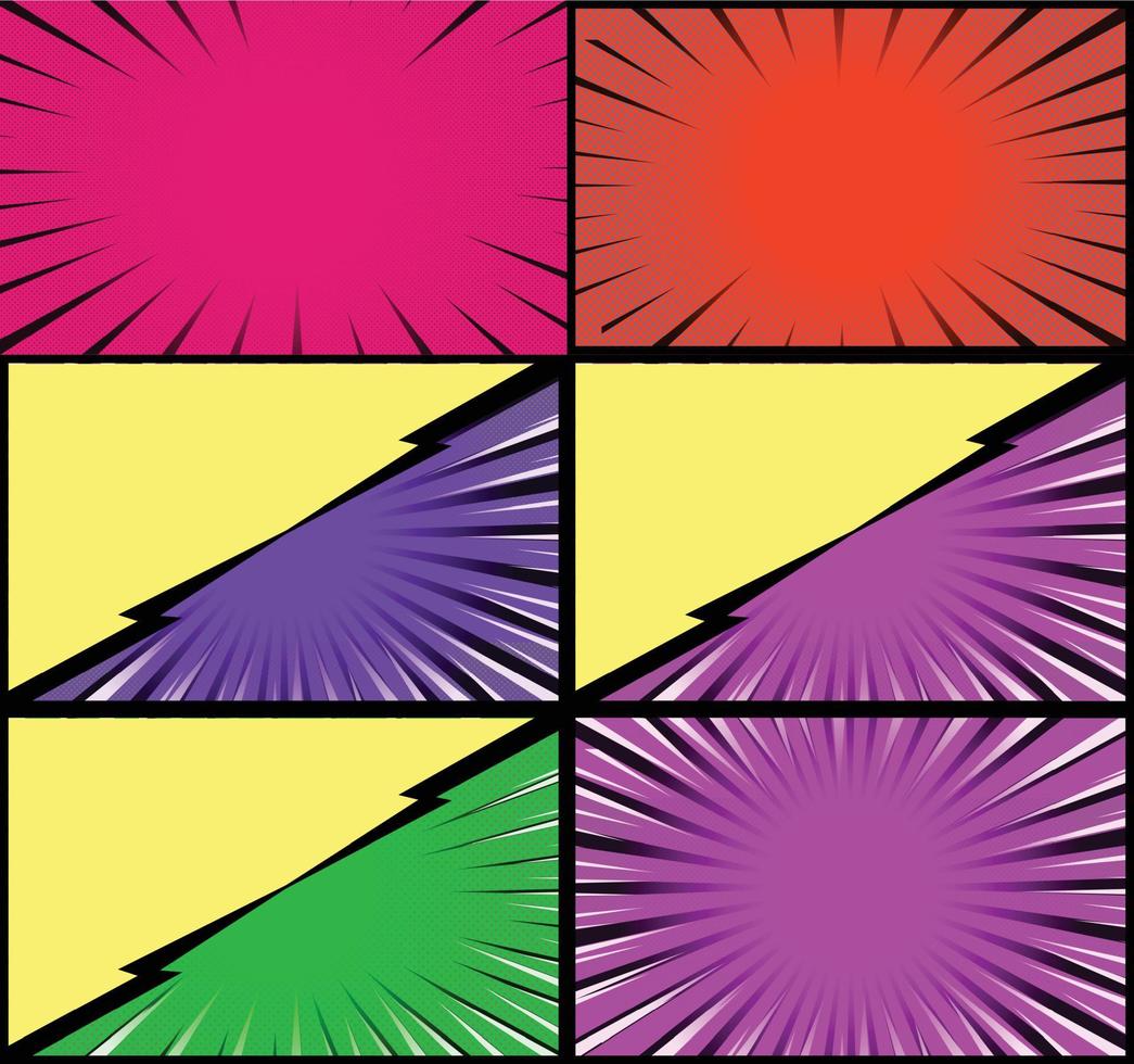 Comic book colorful frames background with halftone rays radial and dotted effects pop art style vector