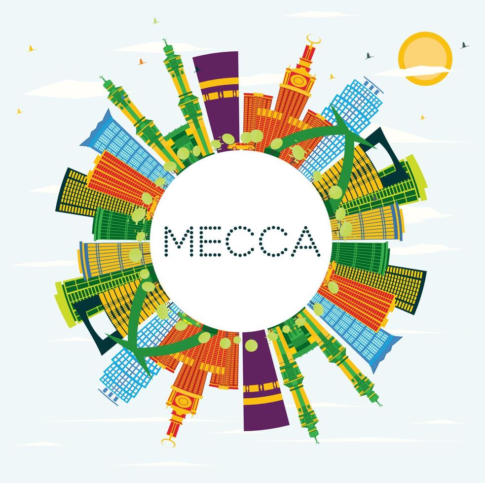 Mecca City Skyline with Color Buildings, Blue Sky and Copy Space. vector