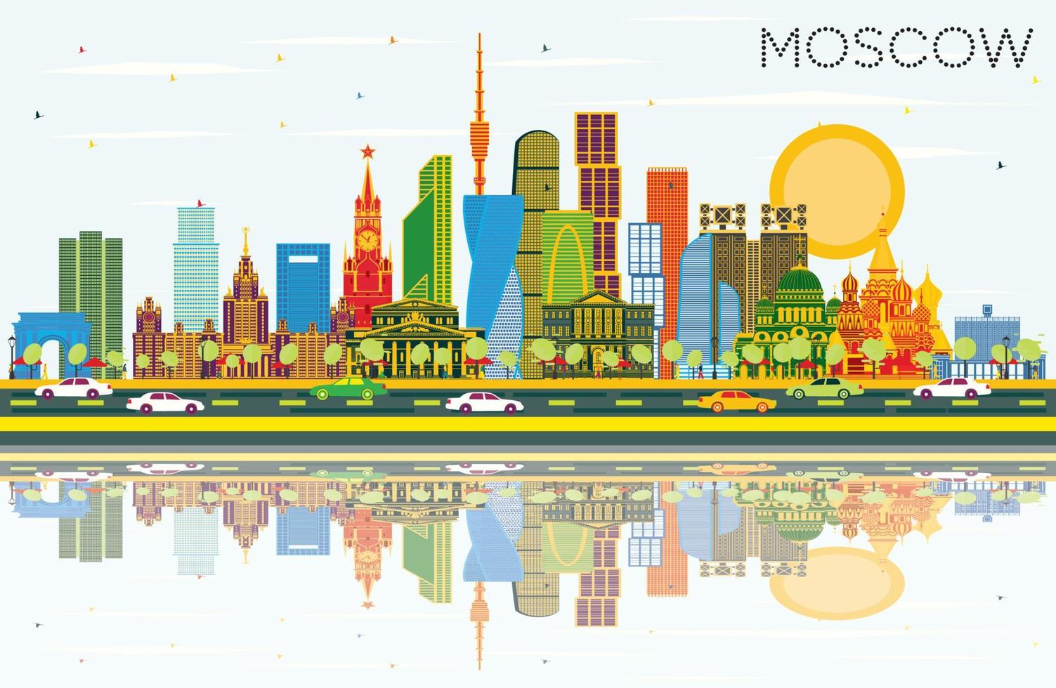 horizonte de la ciudad de moscú rusia con edificios de color, cielo azul y reflejos. vector