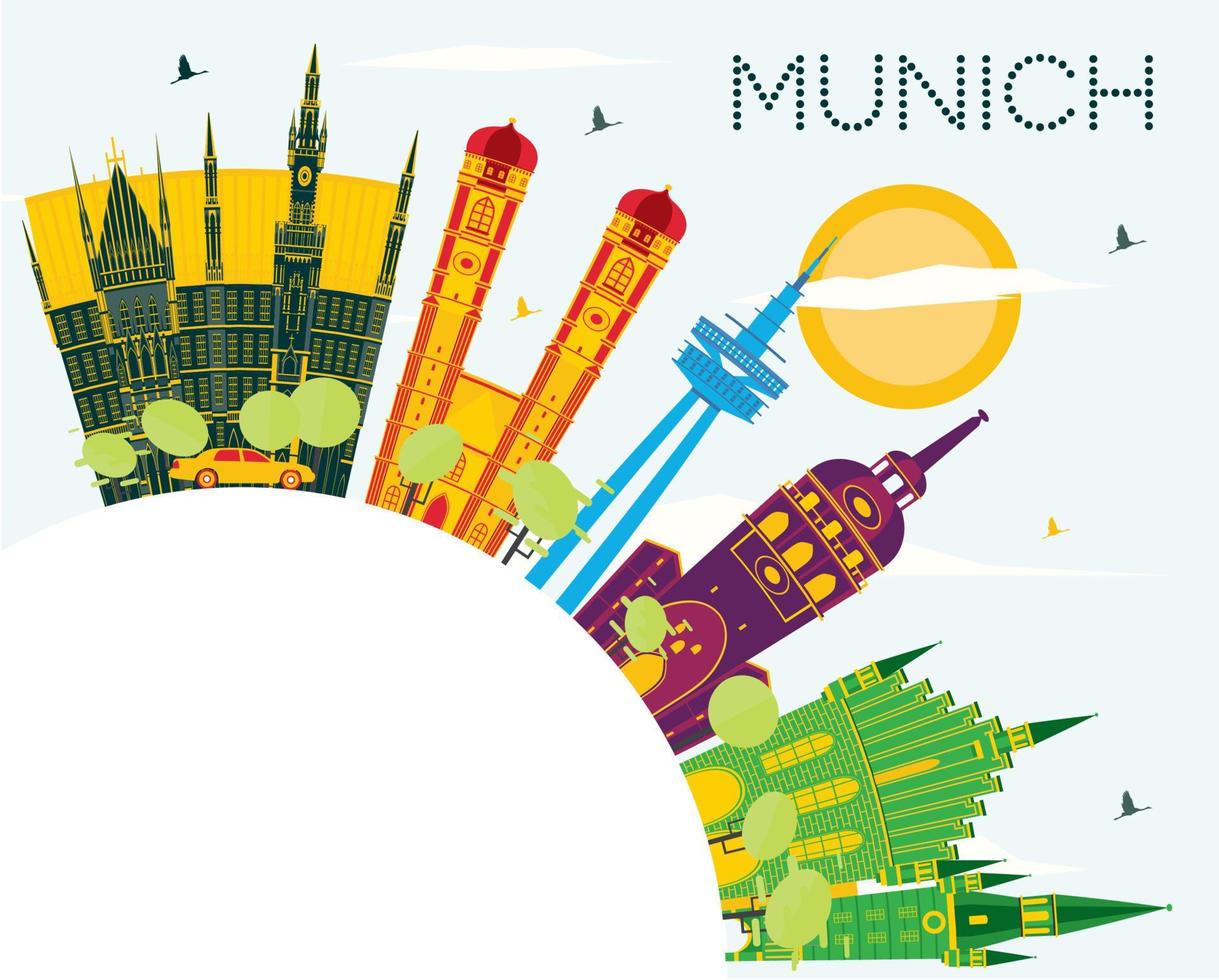 Munich Germany City Skyline with Color Buildings, Blue Sky and Copy Space. vector