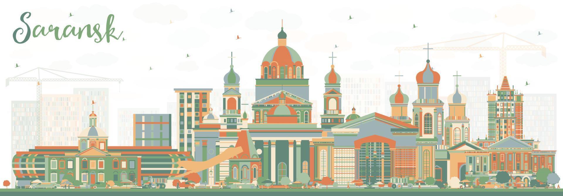 Saransk Russia City Skyline with Color Buildings. vector