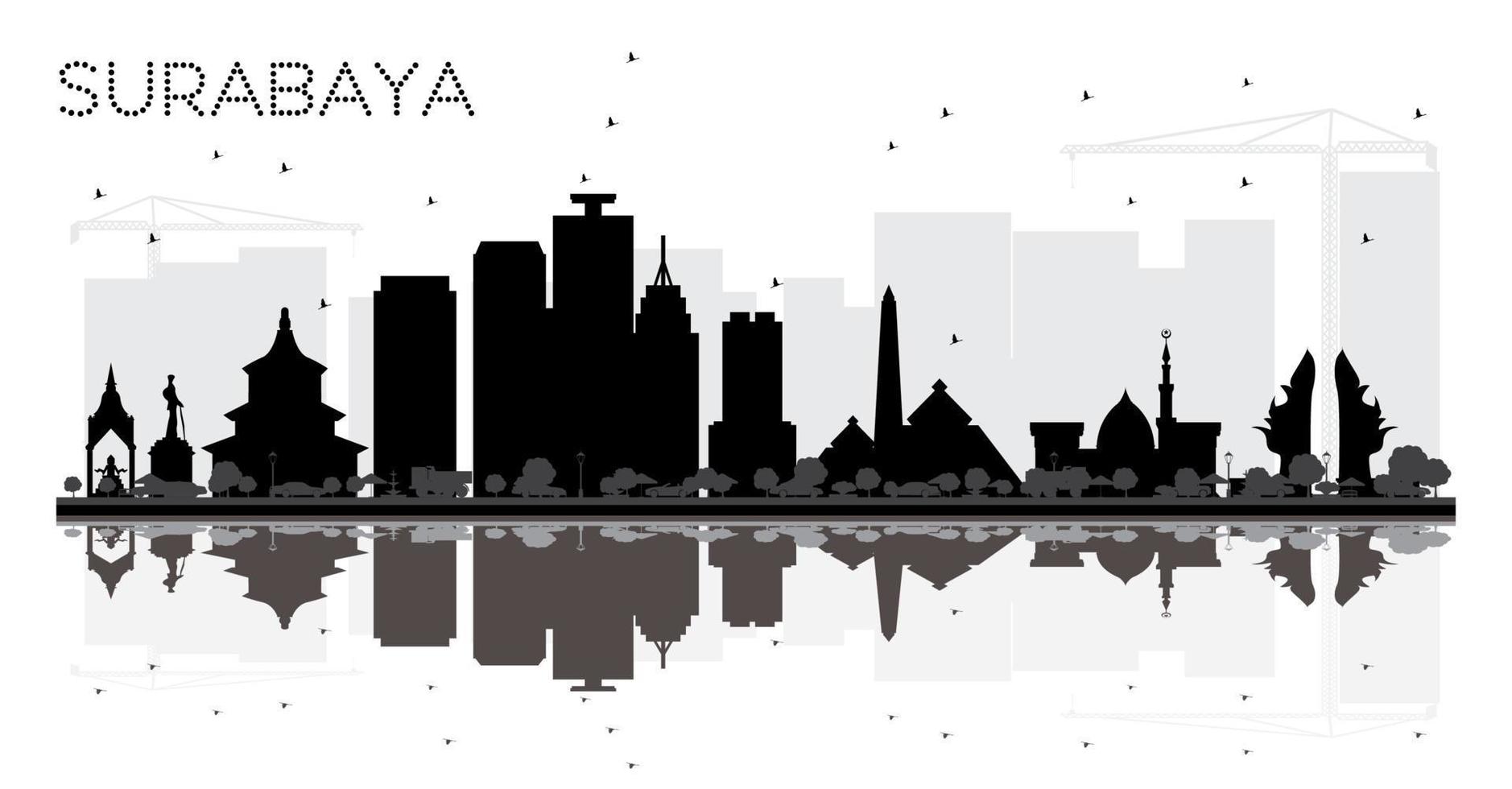 surabaya indonesia city skyline silueta en blanco y negro con reflejos. vector