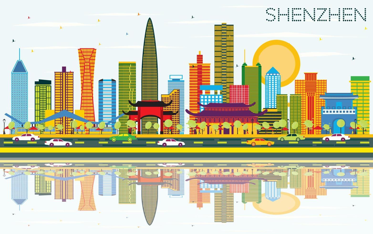 horizonte de la ciudad de shenzhen china con edificios de color, cielo azul y reflejos. vector