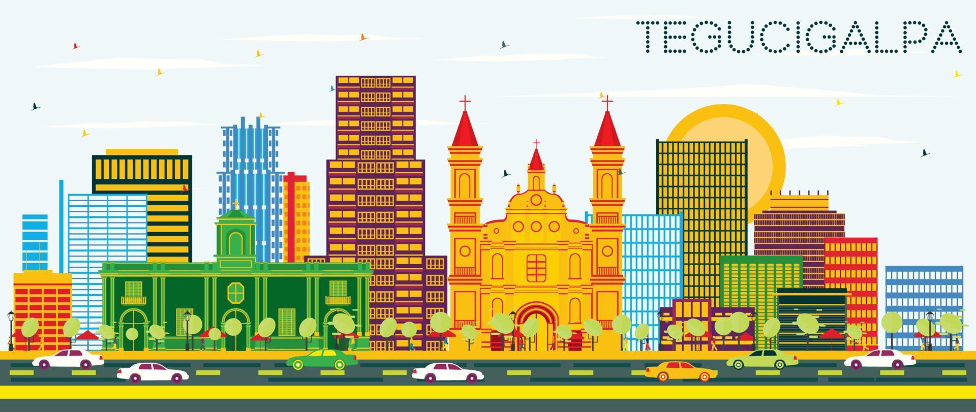 Tegucigalpa Honduras City Skyline with Color Buildings and Blue Sky. vector