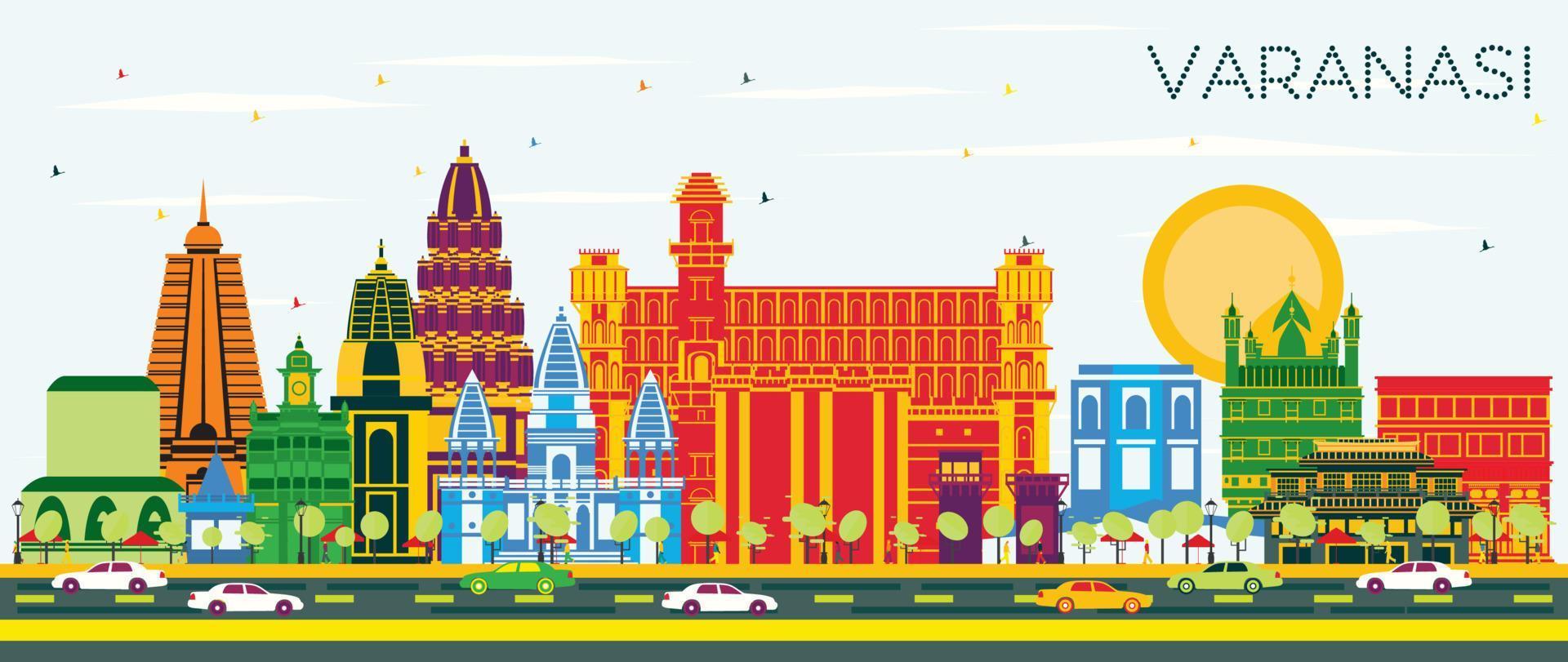 Varanasi India City Skyline with Color Buildings and Blue Sky. vector