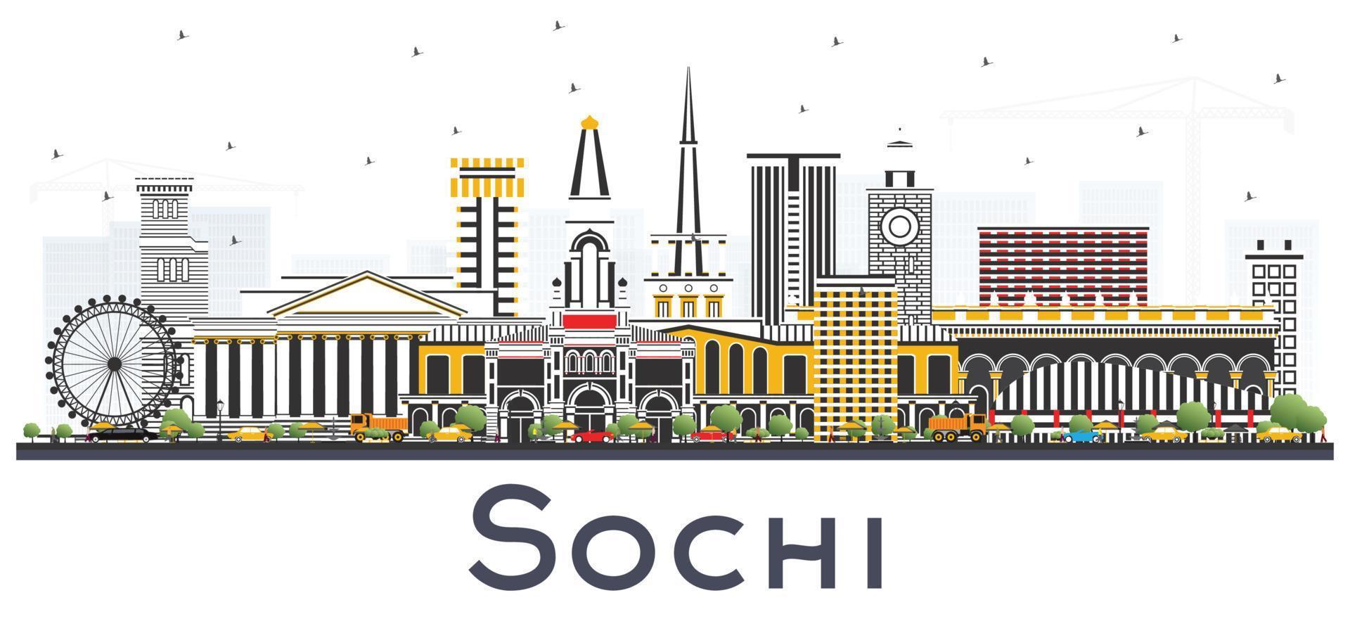 horizonte de la ciudad de sochi rusia con edificios de color aislados en blanco. vector