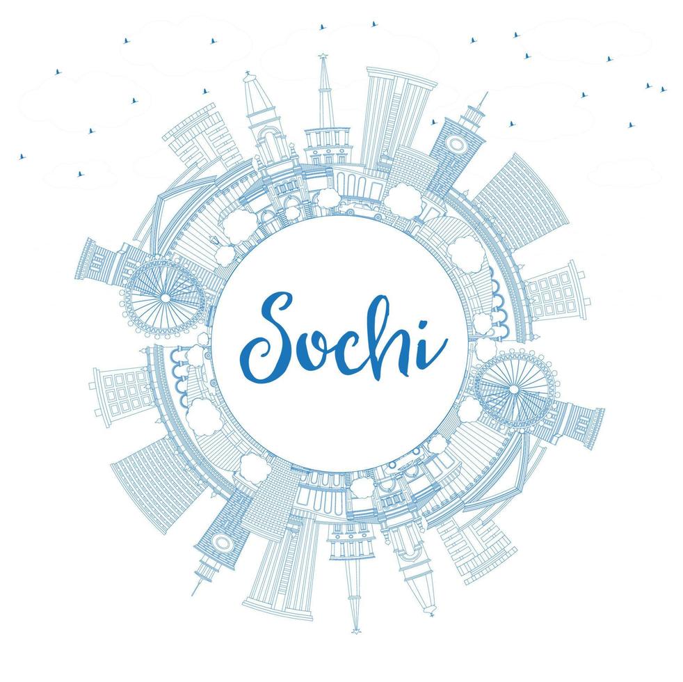 delinee el horizonte de la ciudad de sochi rusia con edificios azules y copie el espacio. vector