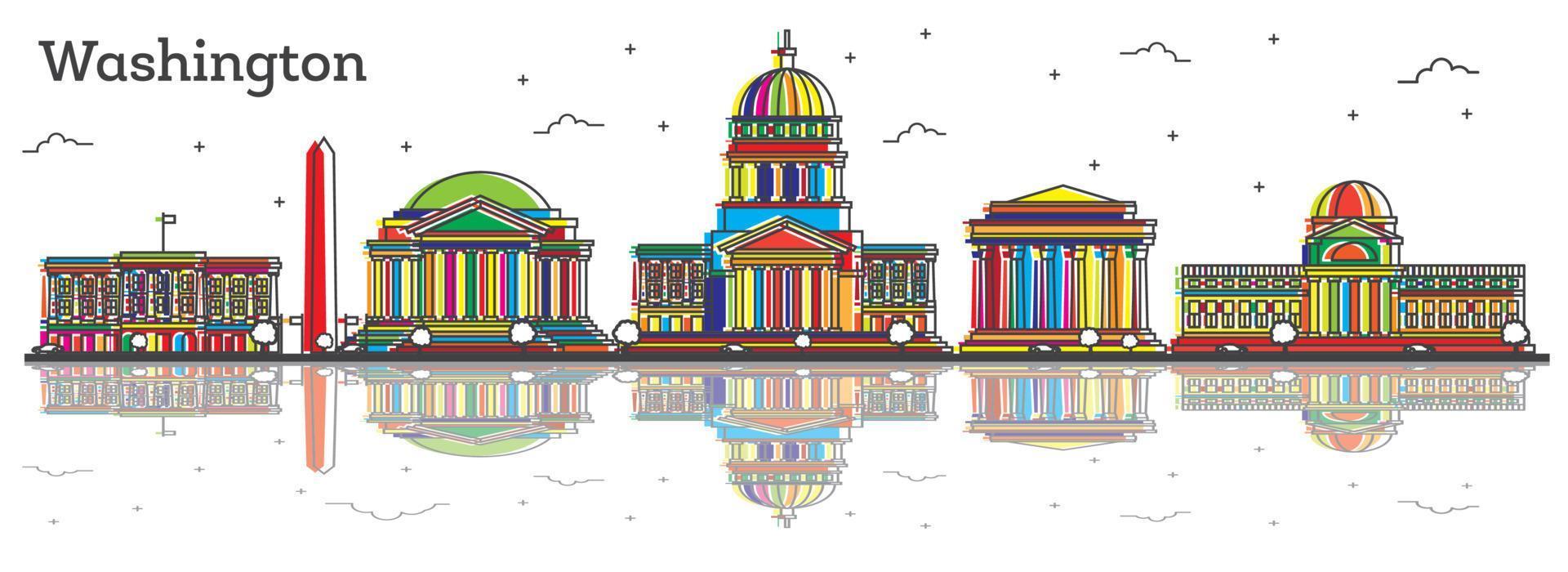 Outline Washington DC USA City Skyline with Color Buildings and Reflections Isolated on White. vector