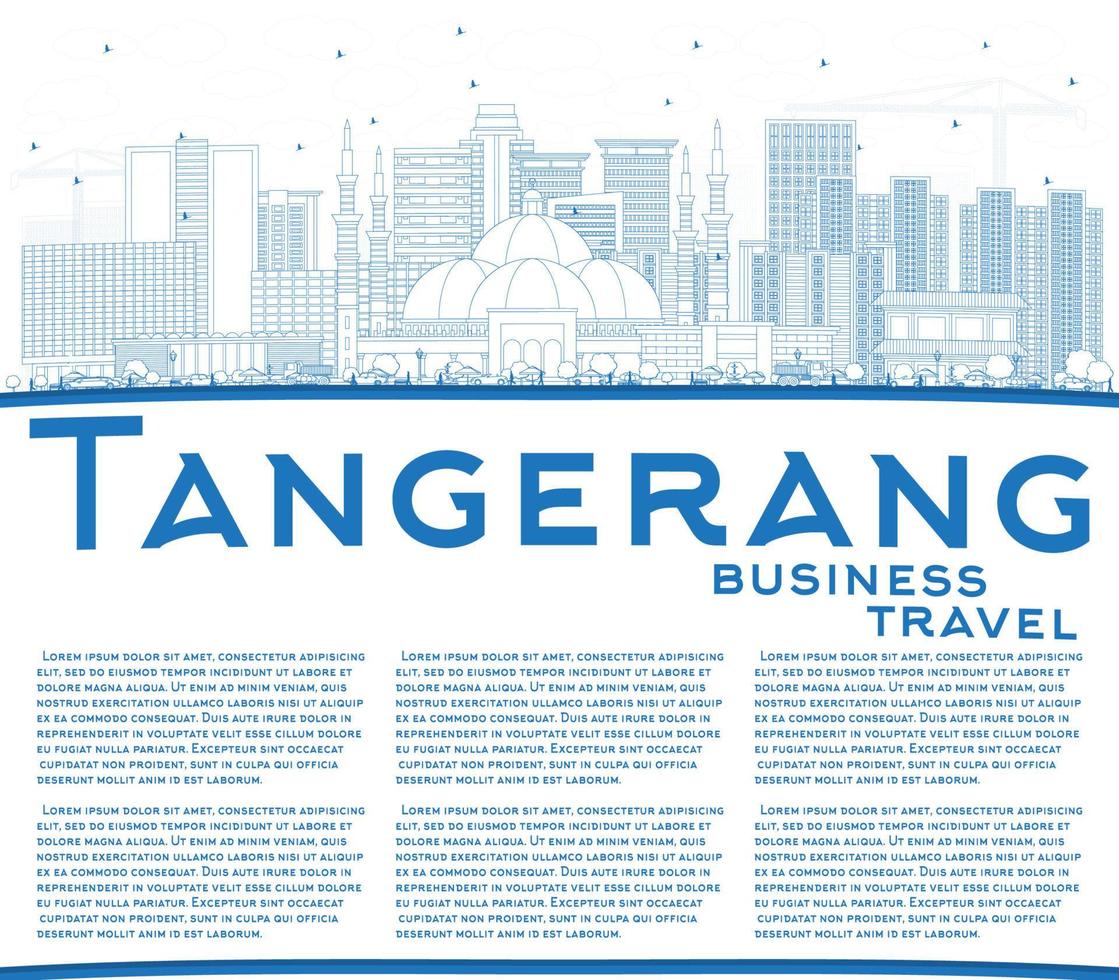 delinear el horizonte de la ciudad de tangerang indonesia con edificios azules y espacio de copia. vector
