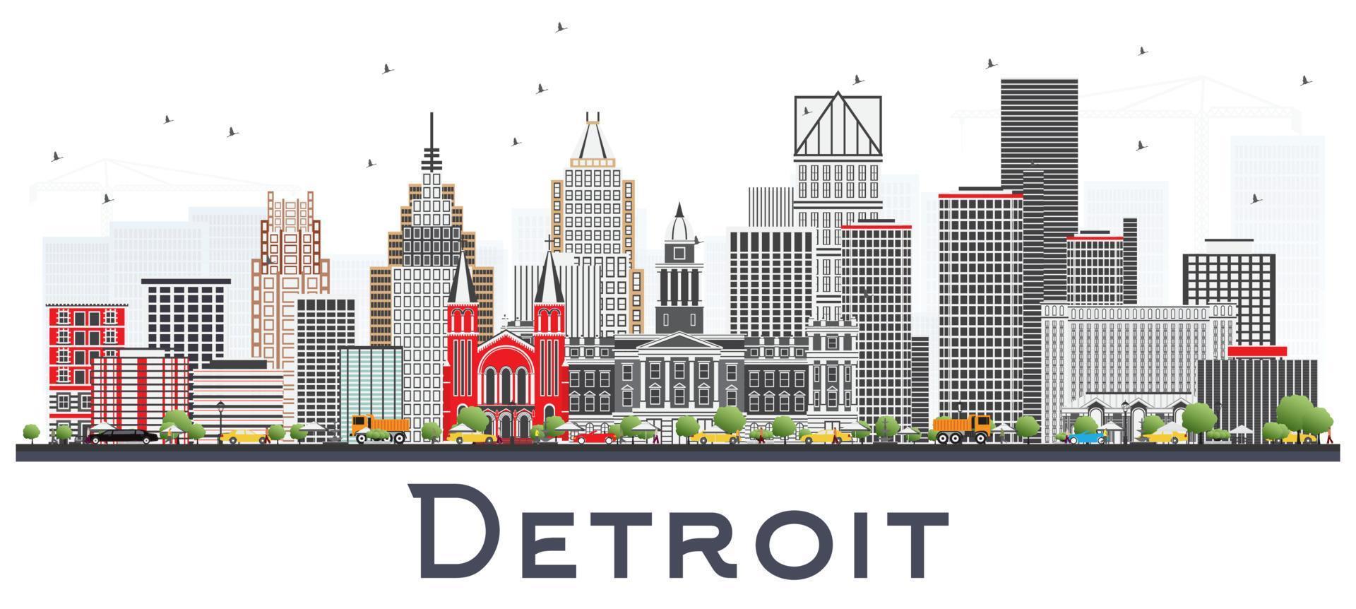 horizonte de la ciudad de detroit, michigan, con edificios grises aislados en blanco. vector