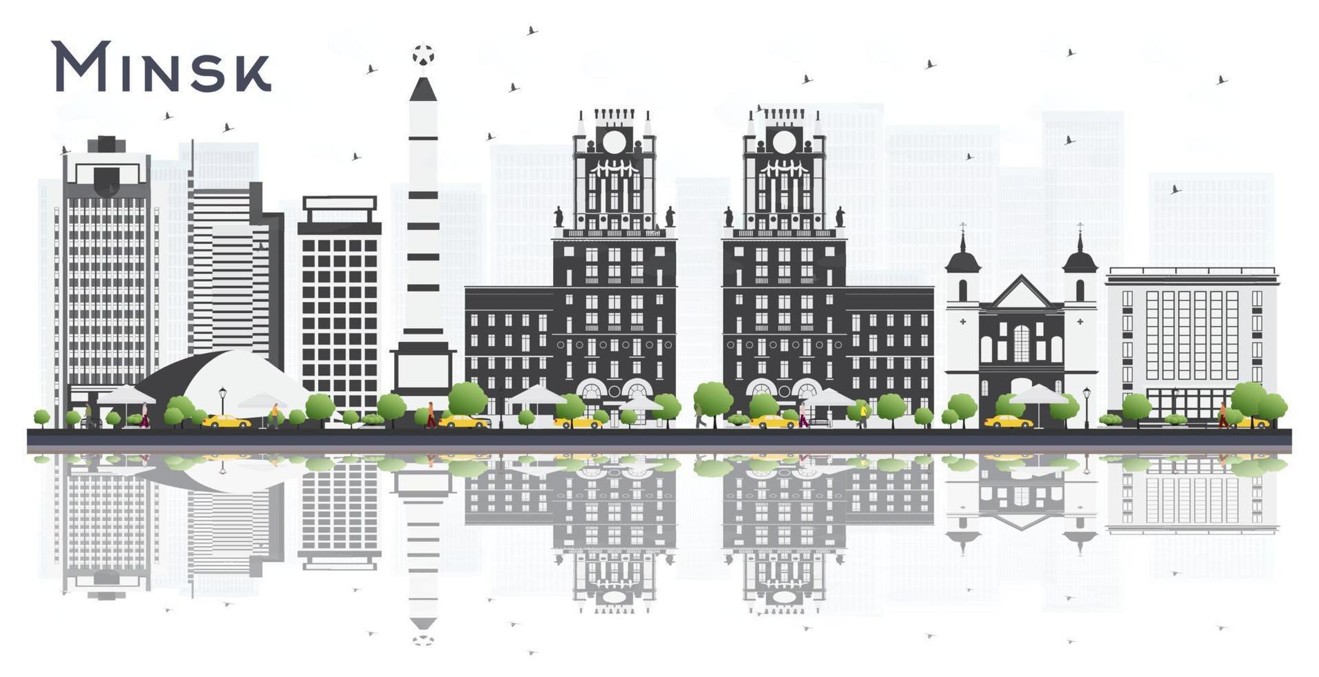 El horizonte de la ciudad de minsk, bielorrusia, con edificios grises y reflejos aislados en fondo blanco. vector