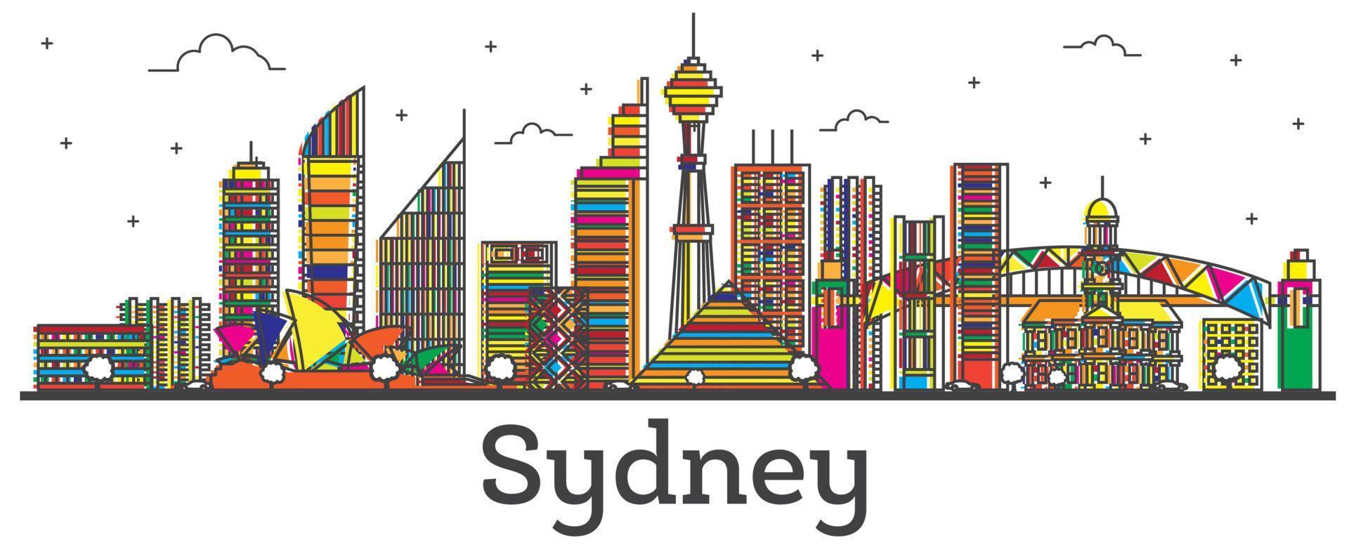 delinear el horizonte de la ciudad de sydney australia con edificios de color aislados en blanco. vector