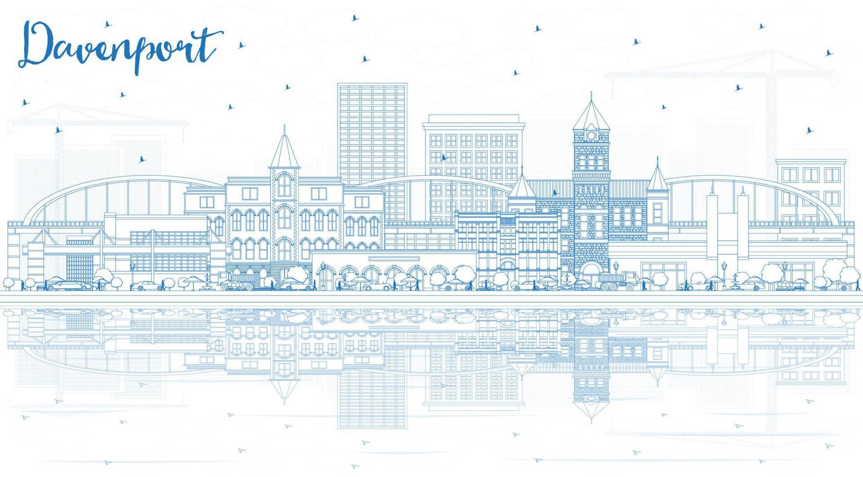 delinear el horizonte de davenport iowa con edificios azules y reflejos. vector