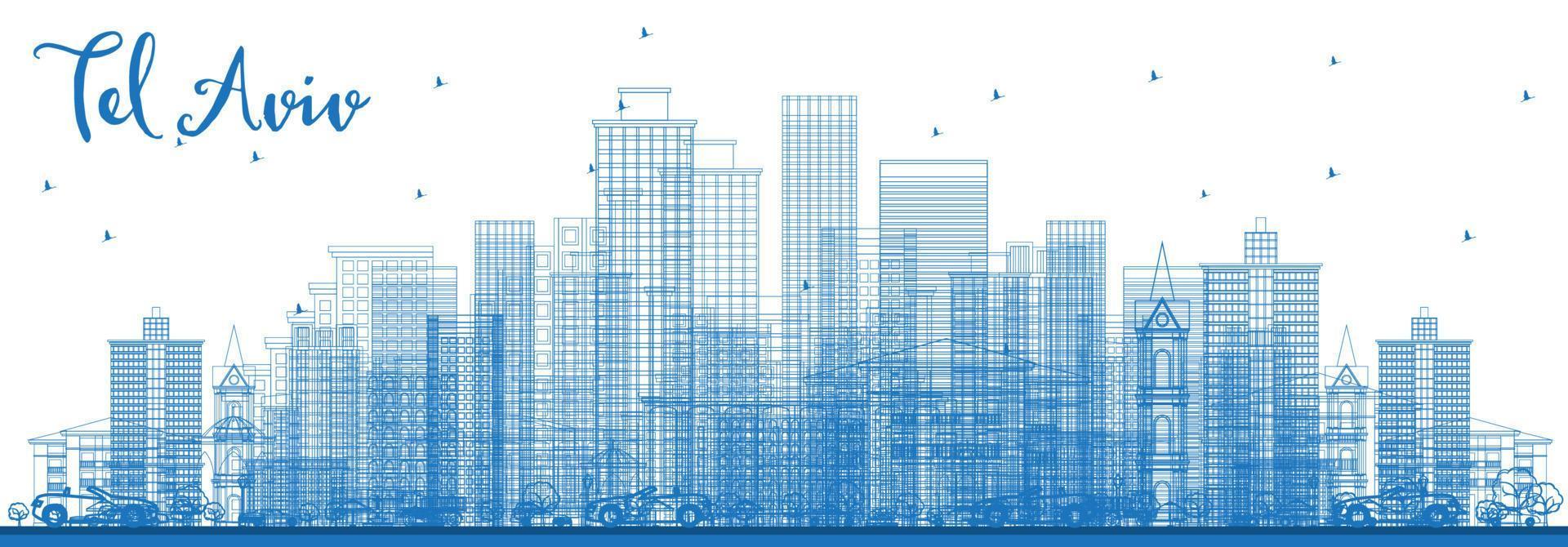 Outline Tel Aviv Israel Skyline with Blue Buildings. vector