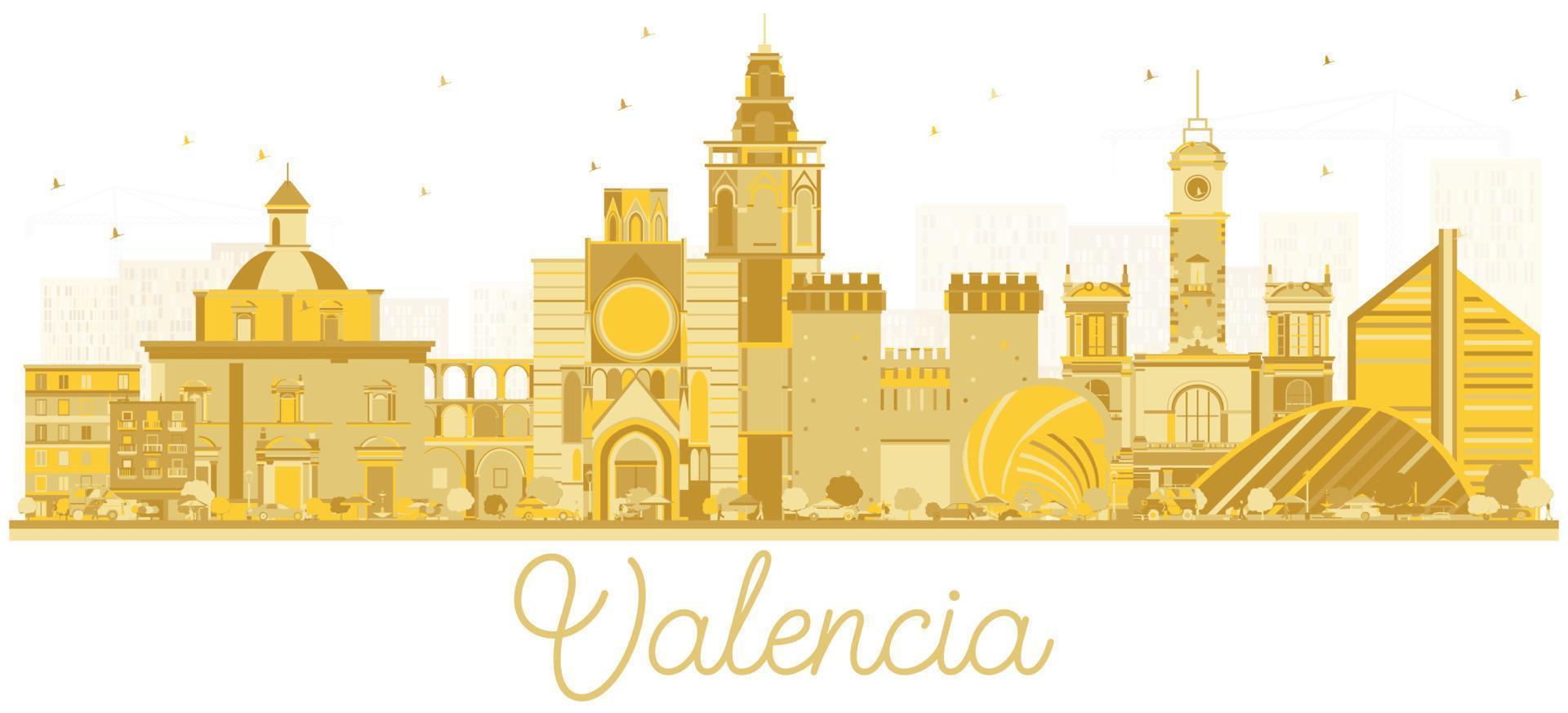 silueta del horizonte de la ciudad de valencia españa con edificios dorados. vector