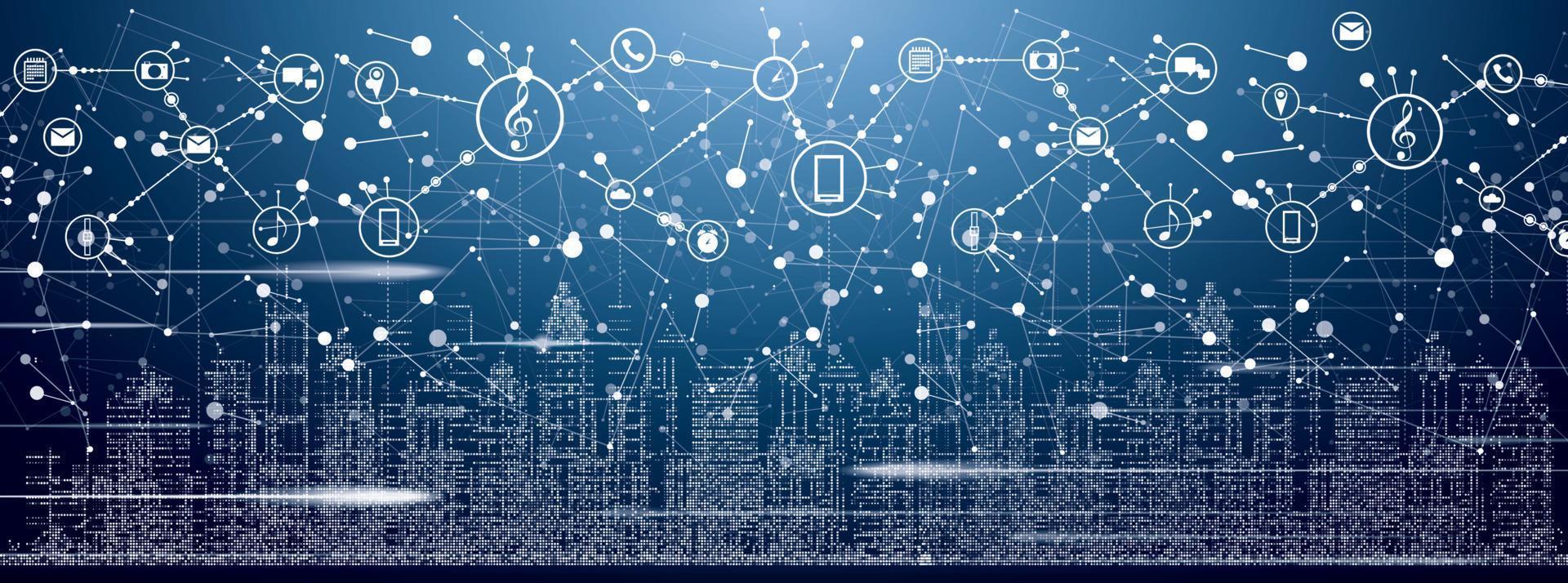 ciudad inteligente con edificios de neón, redes e iconos de internet de las cosas. vector