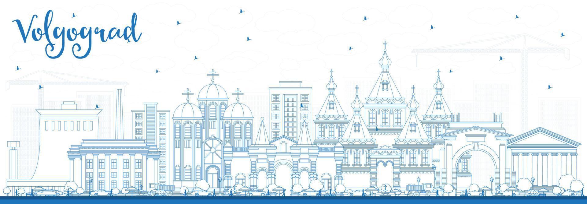 Outline Volgograd Russia City Skyline with Blue Buildings. vector