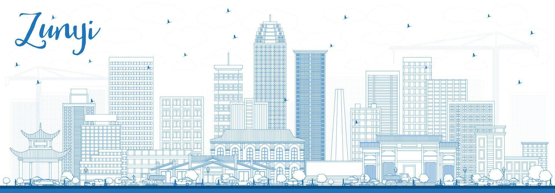 Outline Zunyi China City Skyline with Blue Buildings. vector
