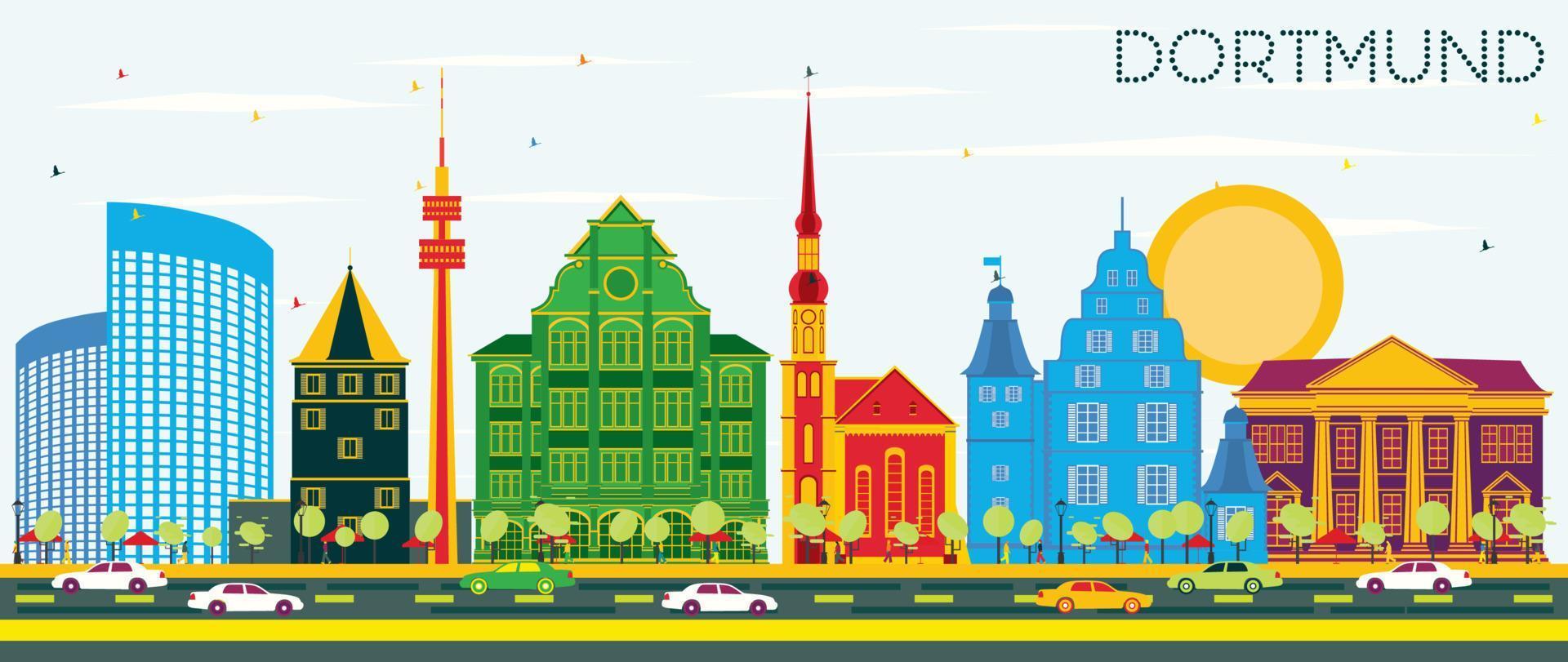 horizonte de la ciudad de dortmund alemania con edificios de color y cielo azul. vector