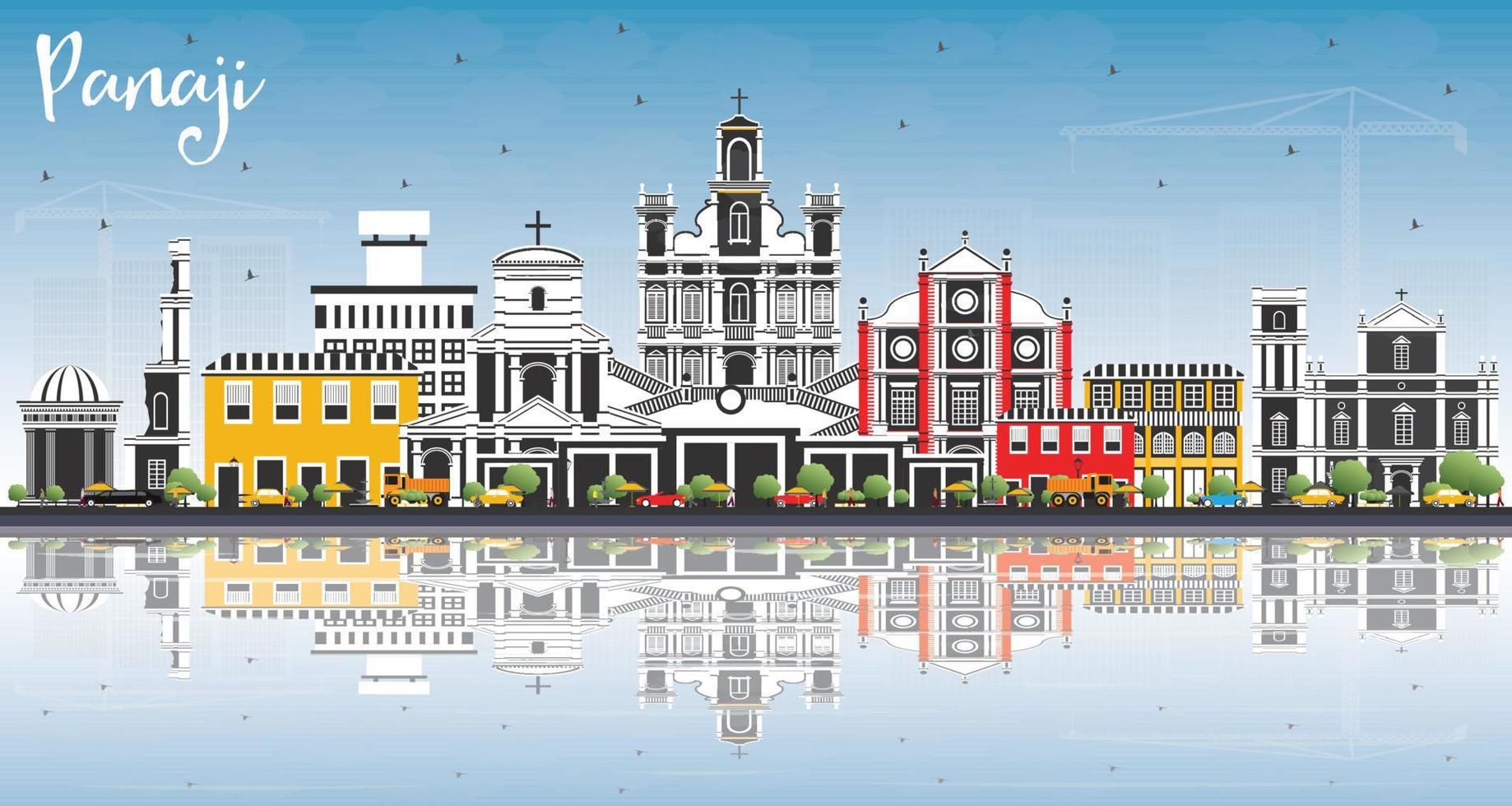 Panaji India City Skyline with Color Buildings, Blue Sky and Reflections. vector