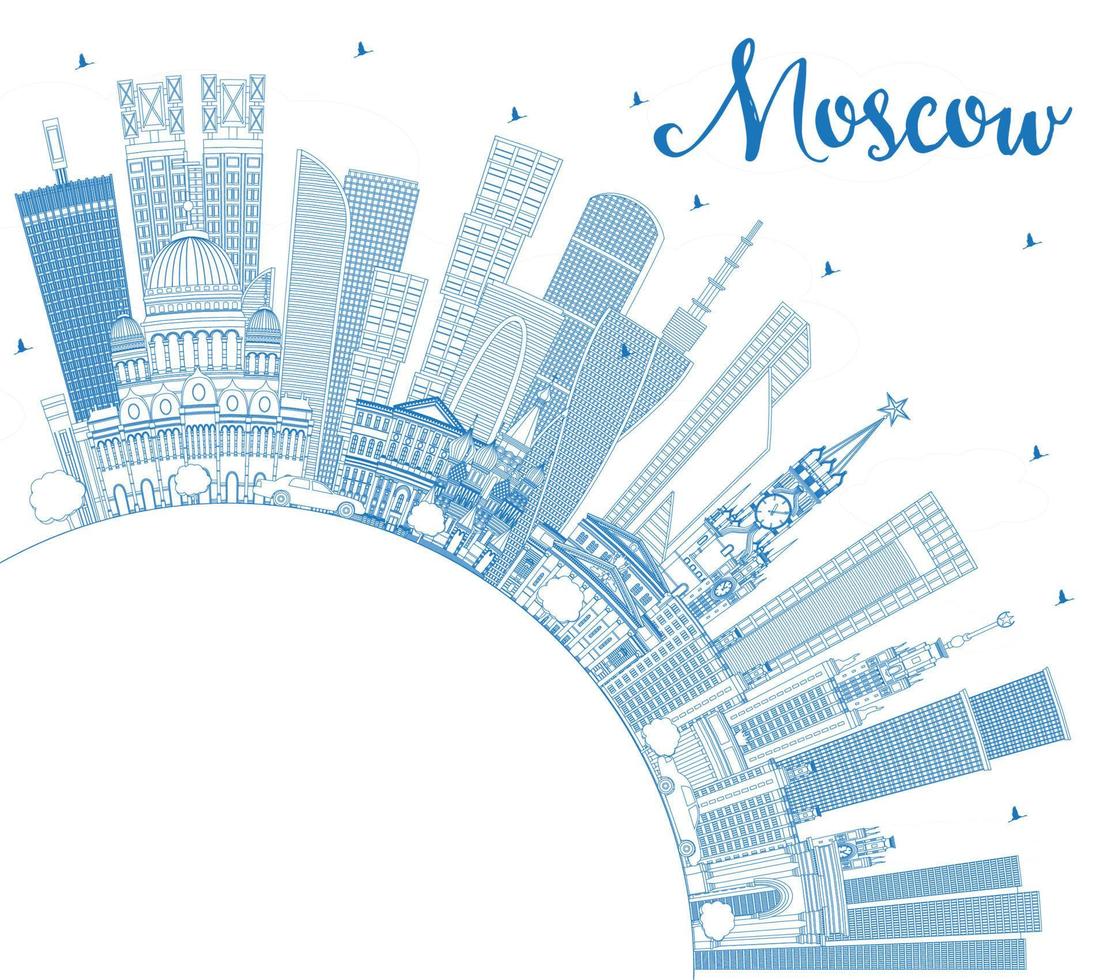Outline Moscow Russia Skyline with Blue Buildings and Copy Space. vector