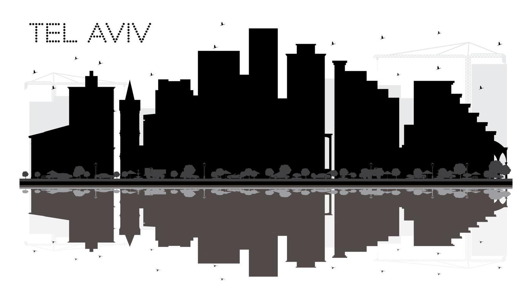 tel aviv israel city skyline silueta en blanco y negro con reflejos. vector