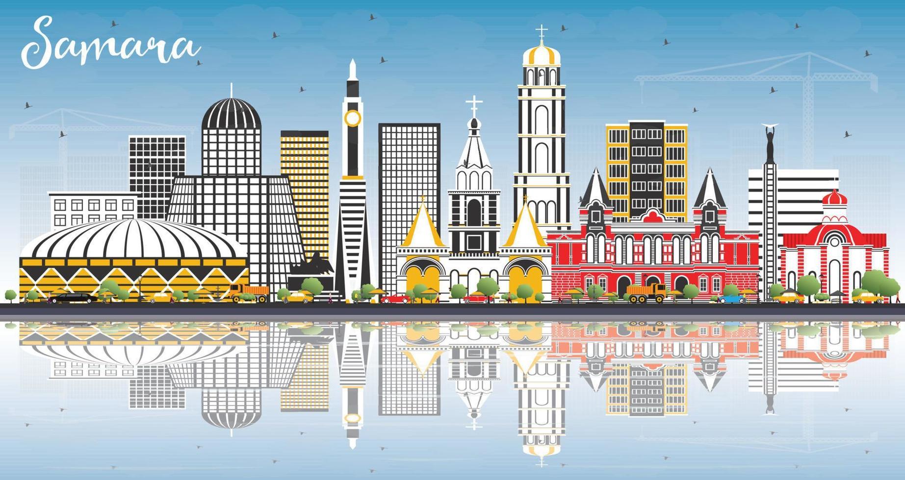 Samara Russia City Skyline with Color Buildings, Blue Sky and Reflections. vector