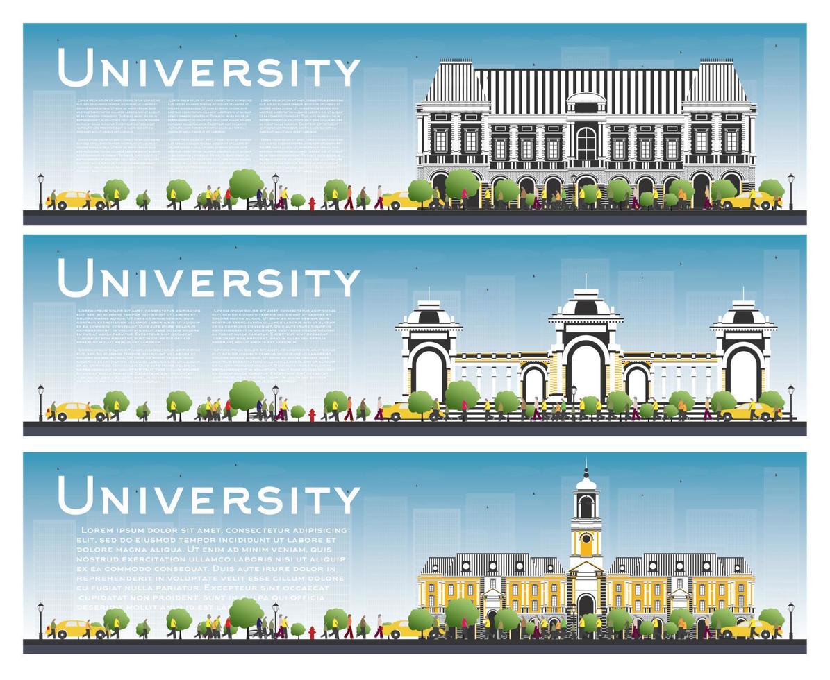 conjunto de carteles de estudios universitarios. ilustración vectorial los estudiantes van al edificio principal de la universidad. vector