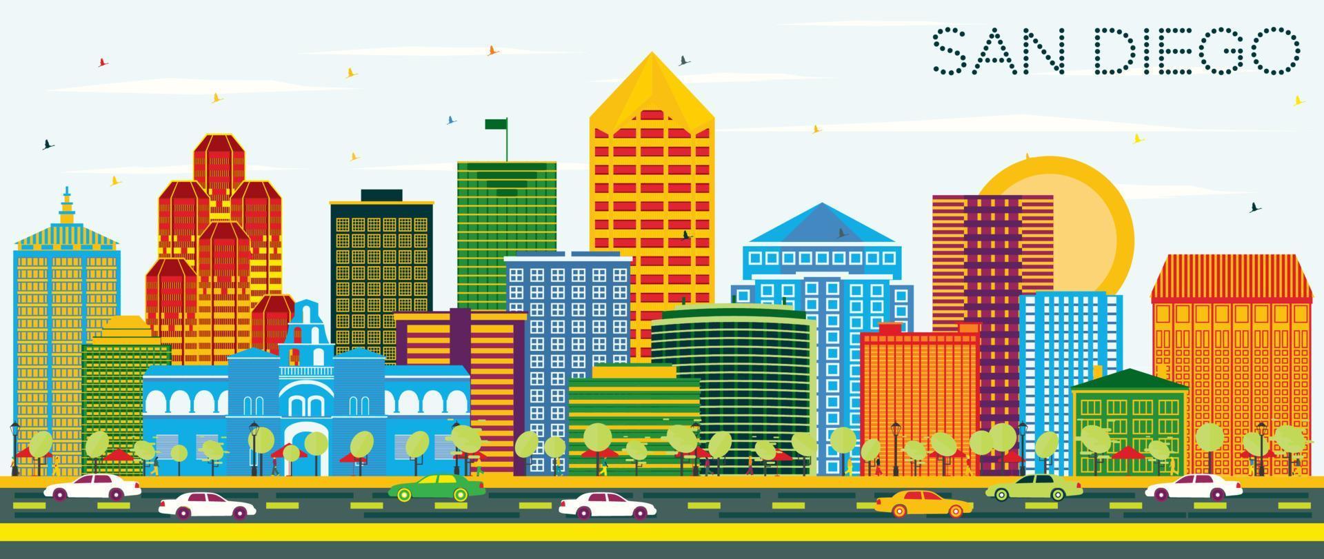 San Diego California Skyline with Color Buildings and Blue Sky. vector