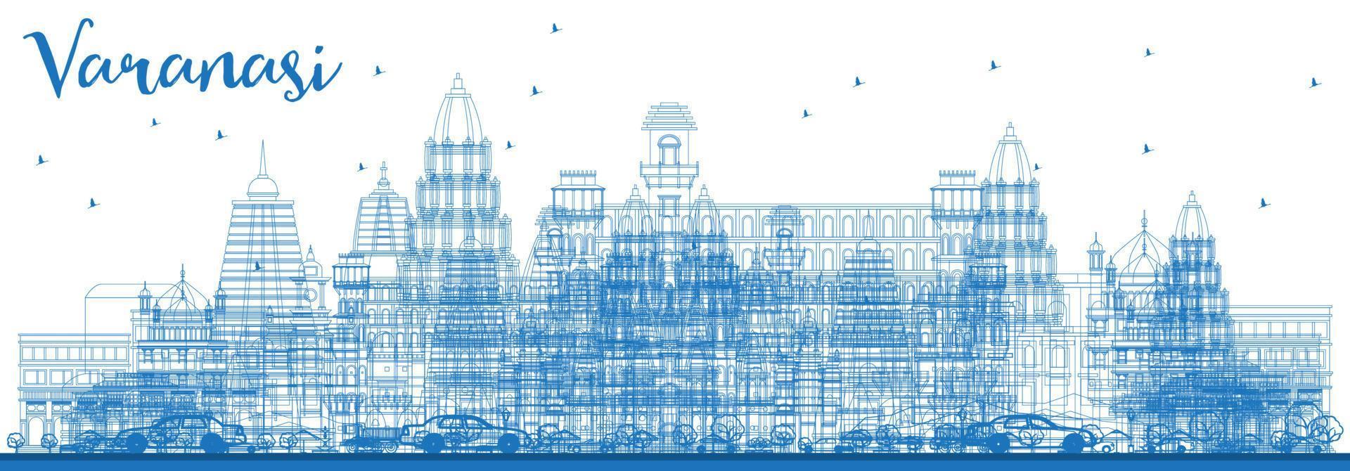 Outline Varanasi India Skyline with Blue Buildings. vector