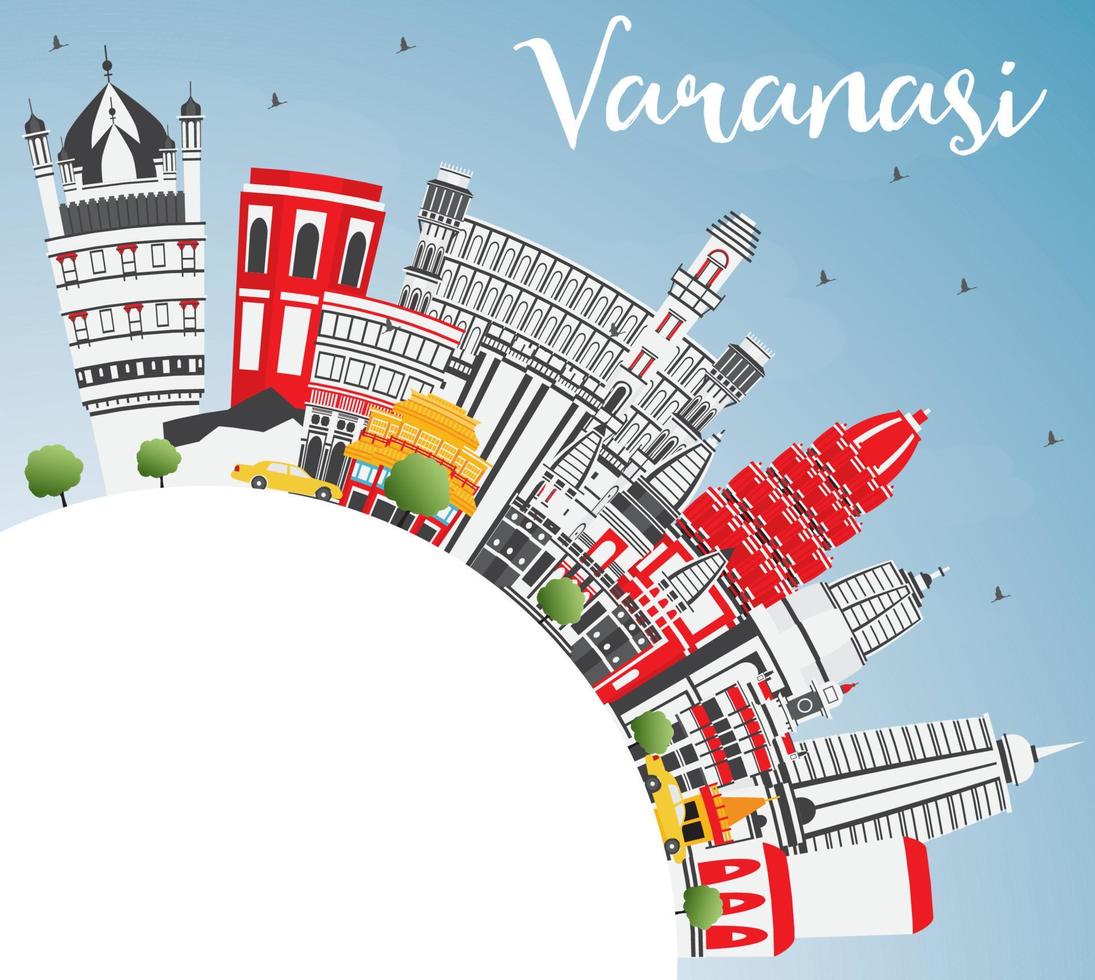 horizonte de la ciudad de varanasi india con edificios de color, cielo azul y espacio para copiar. vector