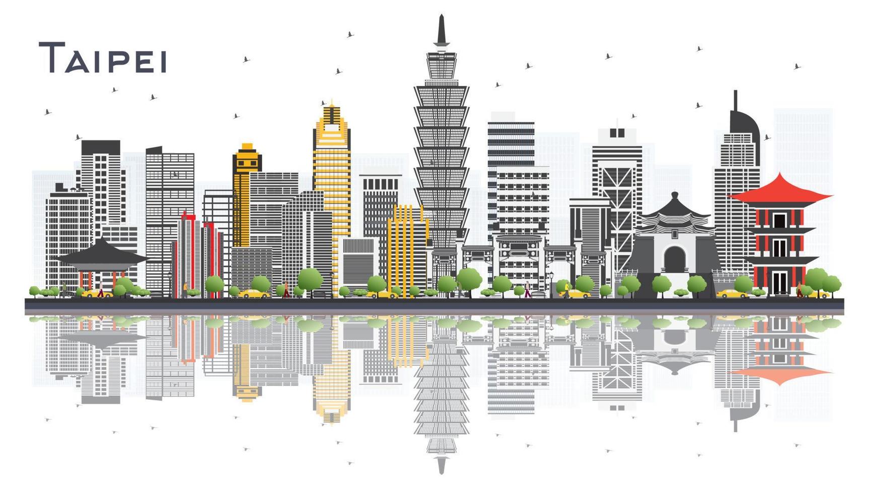 el horizonte de la ciudad de taipei taiwán con edificios grises aislados en fondo blanco. vector