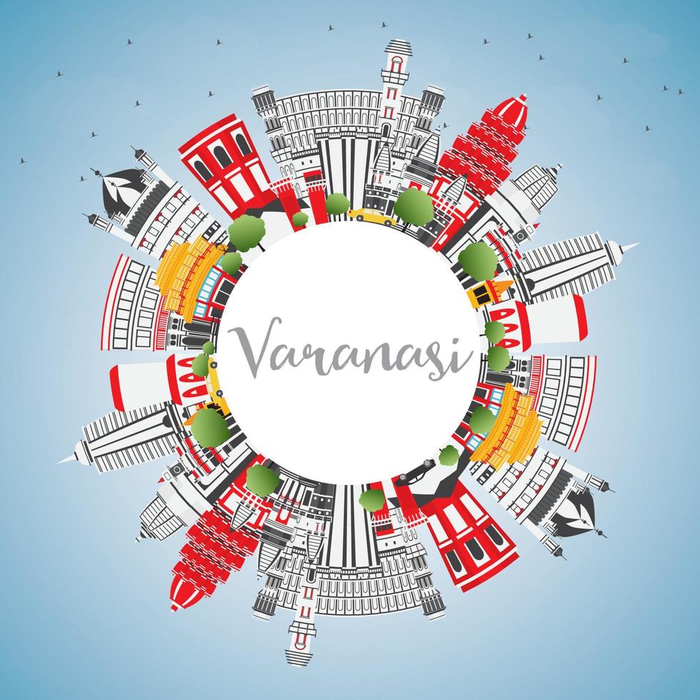 Varanasi India City Skyline with Color Buildings, Blue Sky and Copy Space. vector