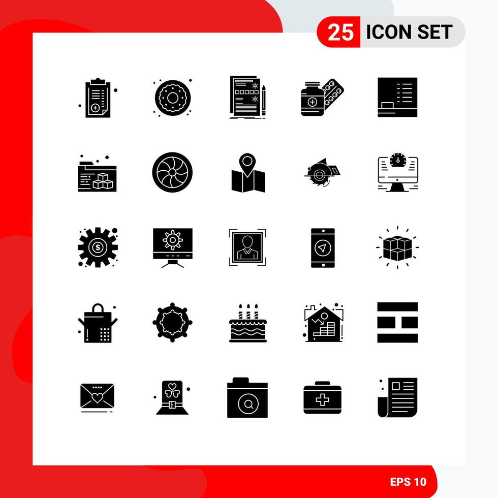 25 Universal Solid Glyph Signs Symbols of tablet capsule component pill system Editable Vector Design Elements