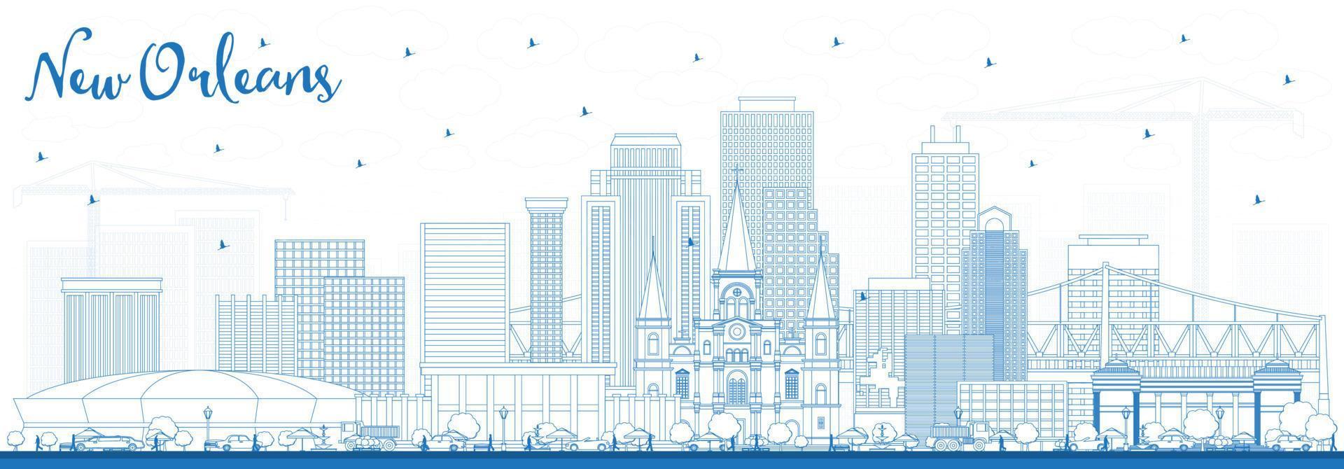 Outline New Orleans Louisiana City Skyline with Blue Buildings. vector