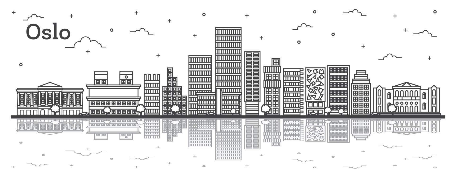 delinear el horizonte de la ciudad de oslo noruega con edificios modernos y reflejos aislados en blanco. vector