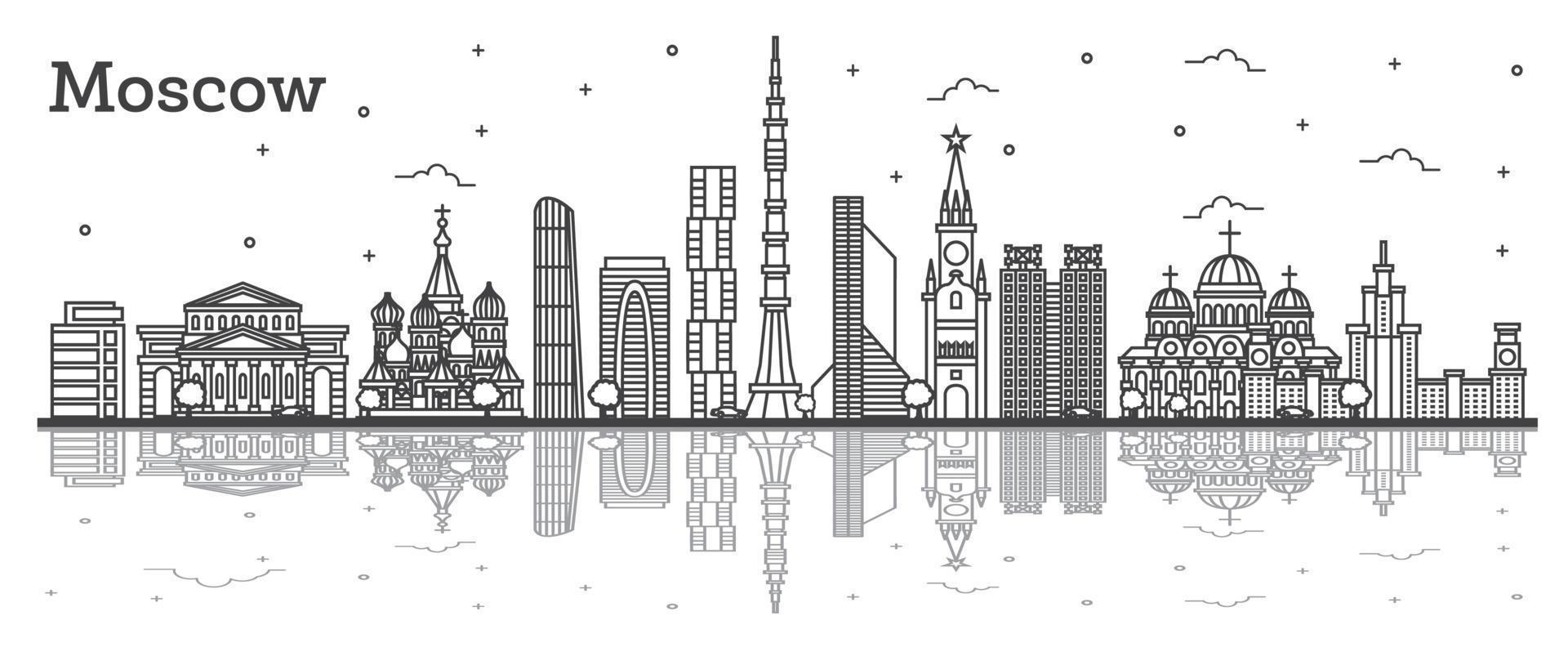 Outline Moscow Russia City Skyline with Historic Buildings and Reflections Isolated on White. vector