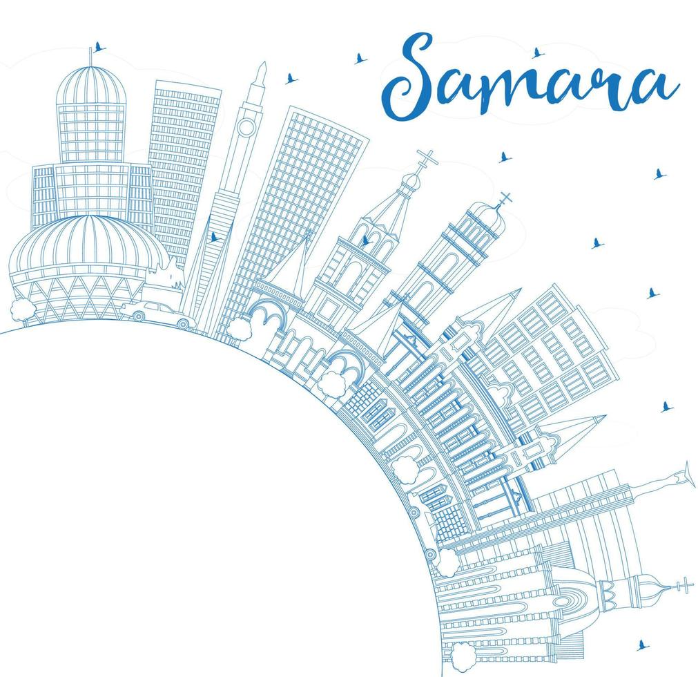 Outline Samara Russia City Skyline with Blue Buildings and Copy Space. vector