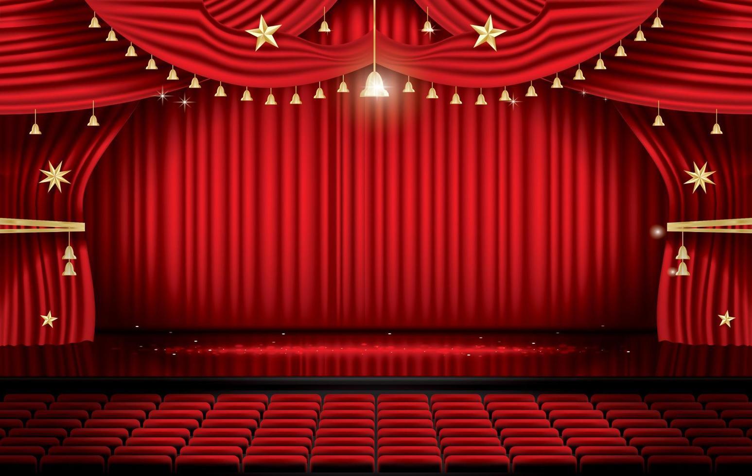Red Stage Curtain with Seats and Copy Space. Theater, Opera or Cinema Scene. vector