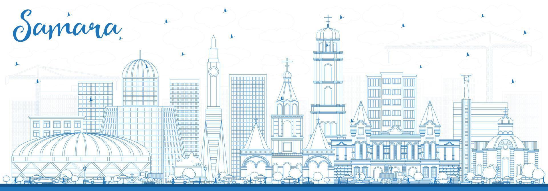 Outline Samara Russia City Skyline with Blue Buildings. vector