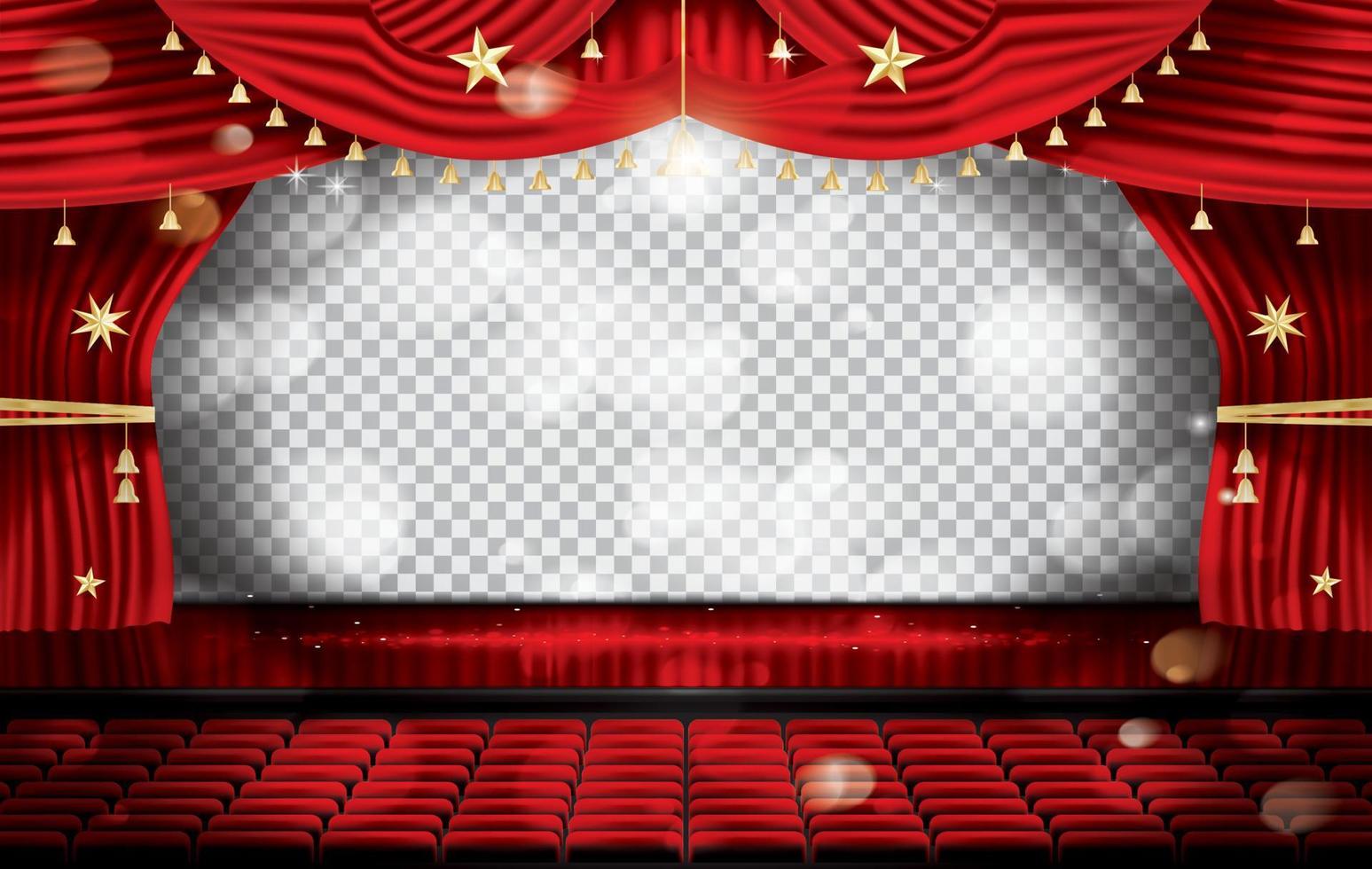 telón de escenario rojo con asientos y espacio de copia transparente. vector