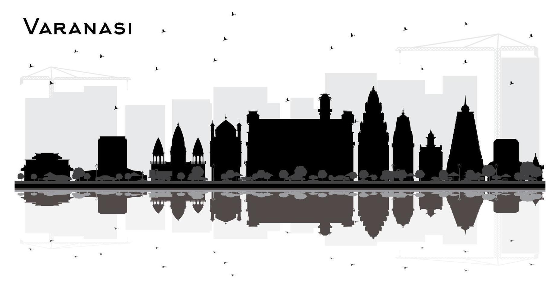 silueta del horizonte de la ciudad de varanasi india con edificios negros y reflejos aislados en blanco. vector