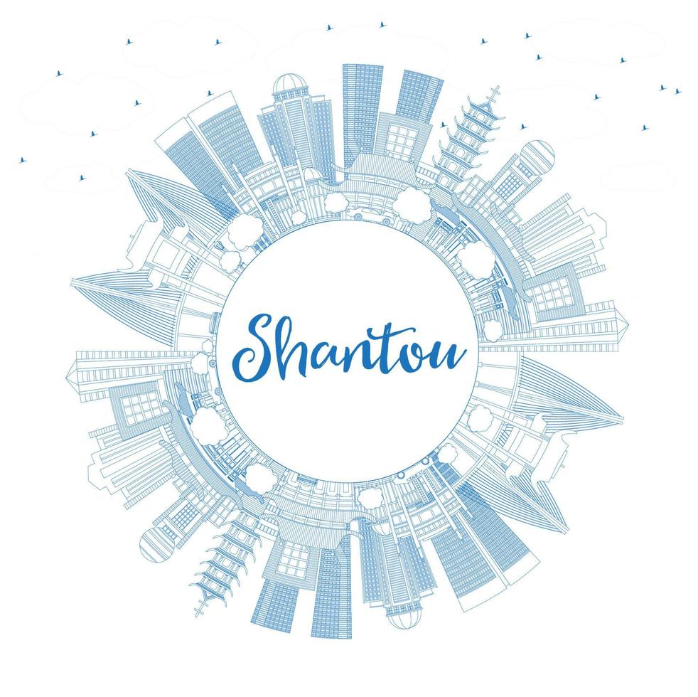 Outline Shantou China City Skyline with Blue Buildings and Copy Space. vector