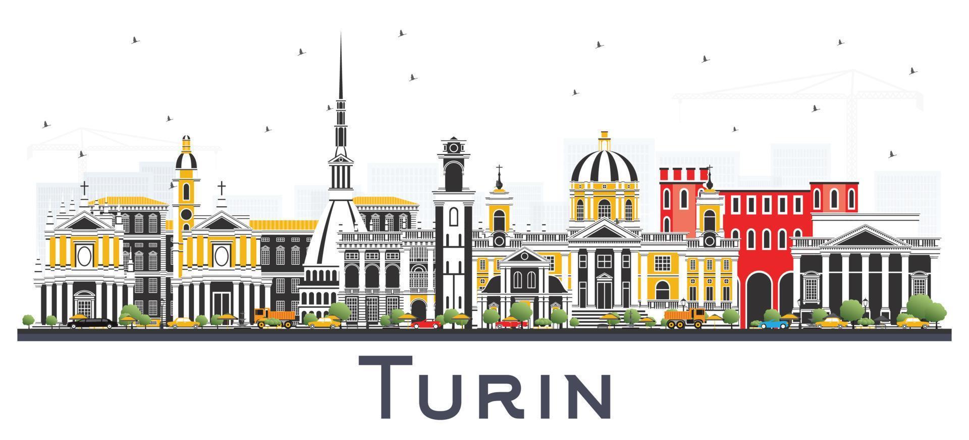 el horizonte de la ciudad de turín, italia, con edificios de color aislados en blanco. vector