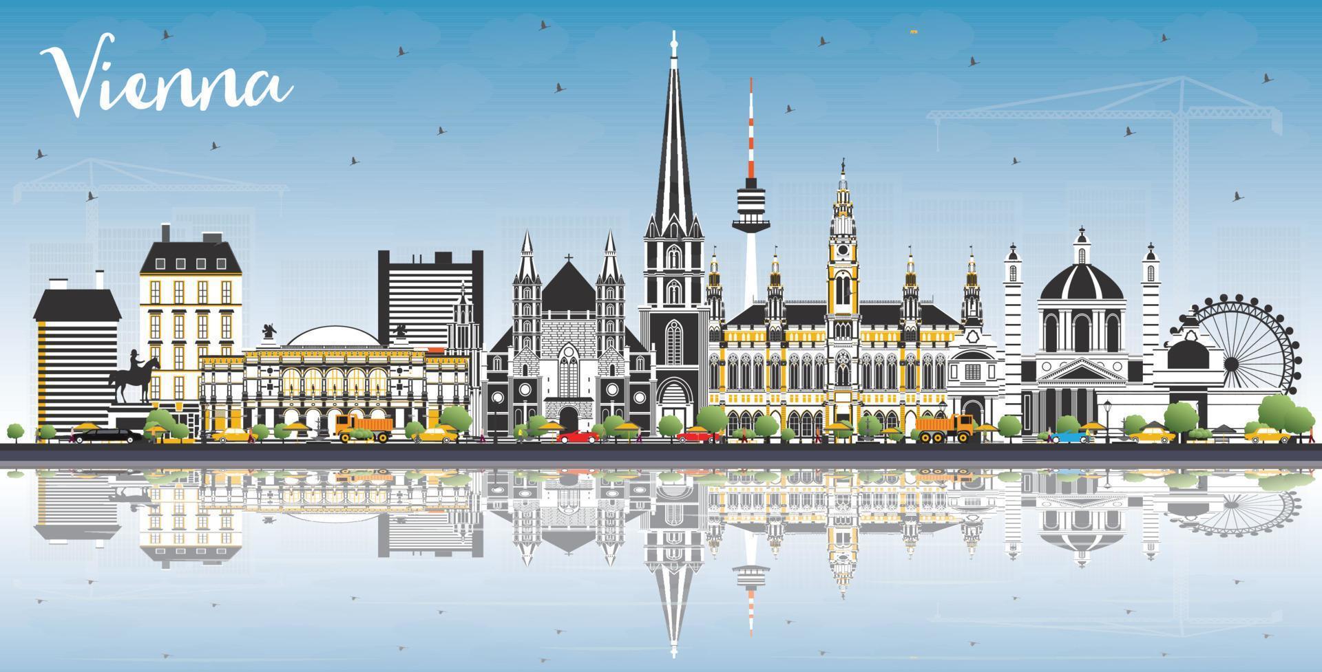 horizonte de la ciudad de viena austria con edificios de color, cielo azul y reflejos. vector