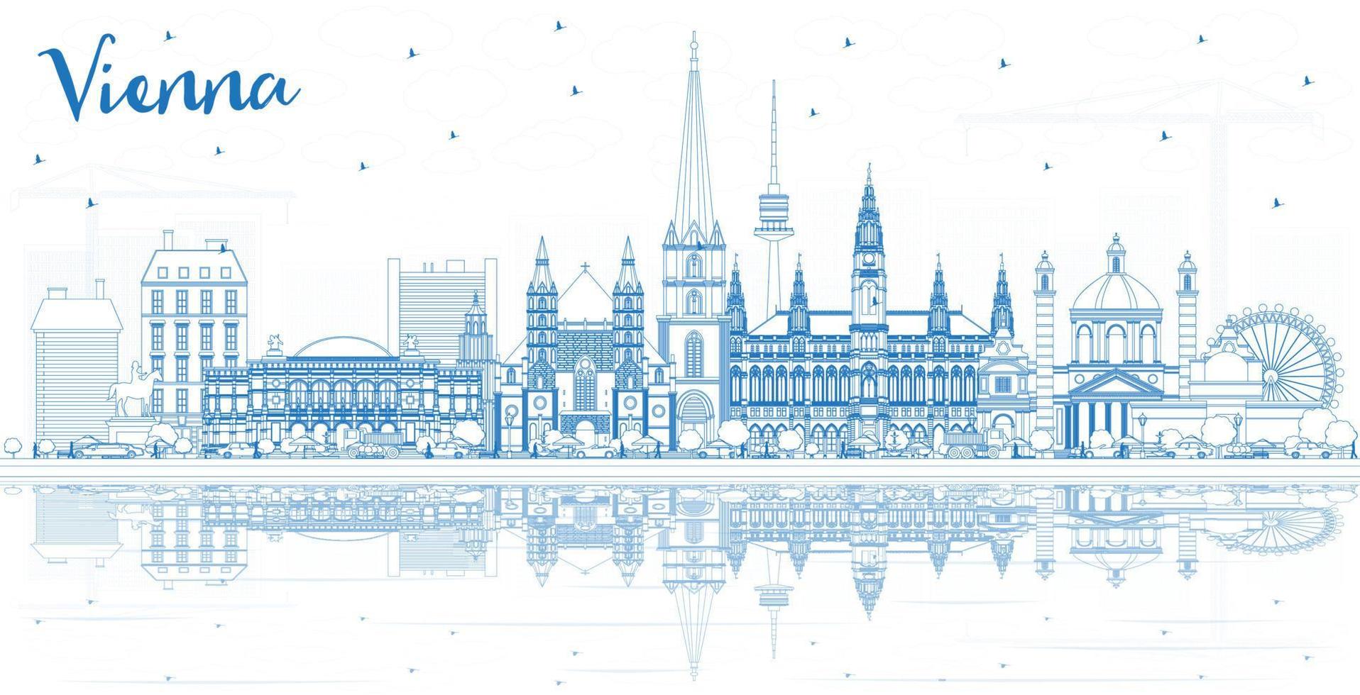 Outline Vienna Austria City Skyline with Blue Buildings and Reflections. vector